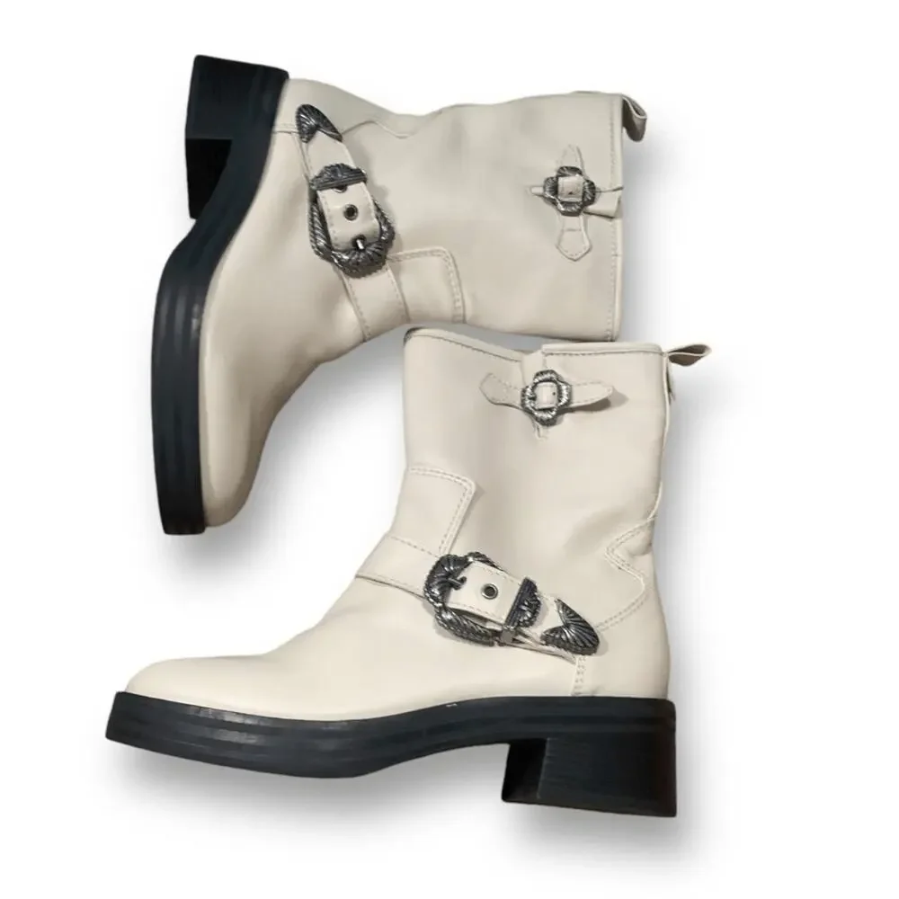 Larroude Hardy Moto Boot Cream Leather Western Buckle Ankle Boots 8.5 Boho